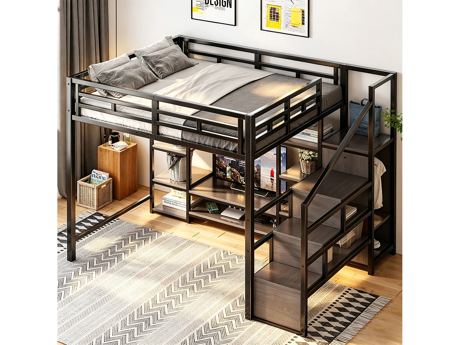 Lit mezzanine enfant - 140 x 200 cm - avec meuble TV + prise + échelle de sécurité + étagère de rangement - métal - noir