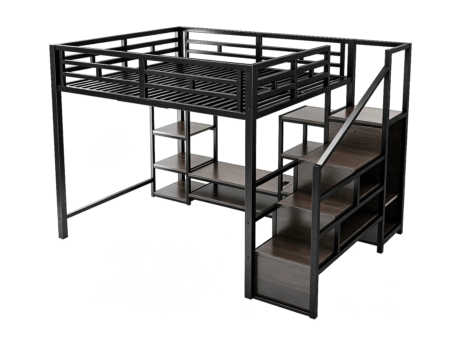 Lit mezzanine enfant - 140 x 200 cm - avec meuble TV + prise + échelle de sécurité + étagère de rangement - métal - noir