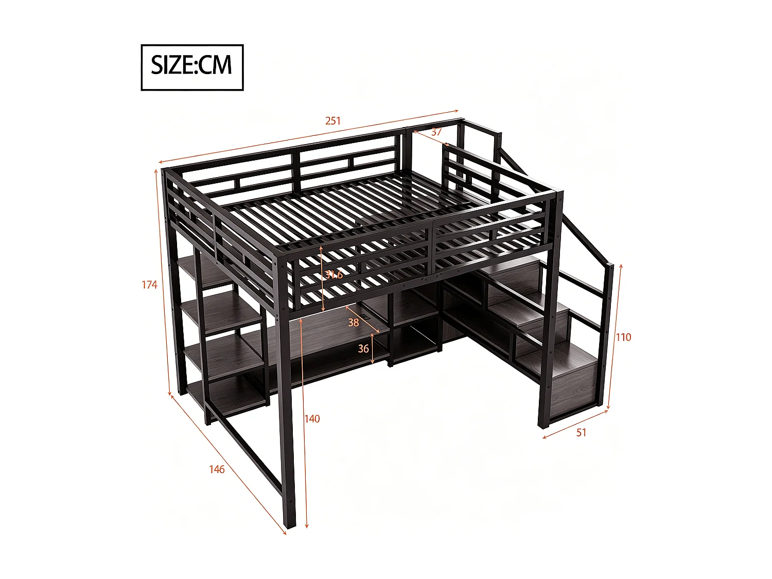 Lit mezzanine enfant - 140 x 200 cm - avec meuble TV + prise + échelle de sécurité + étagère de rangement - métal - noir