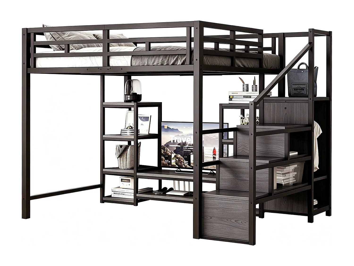 Lit mezzanine enfant - 140 x 200 cm - avec meuble TV + prise + échelle de sécurité + étagère de rangement - métal - noir