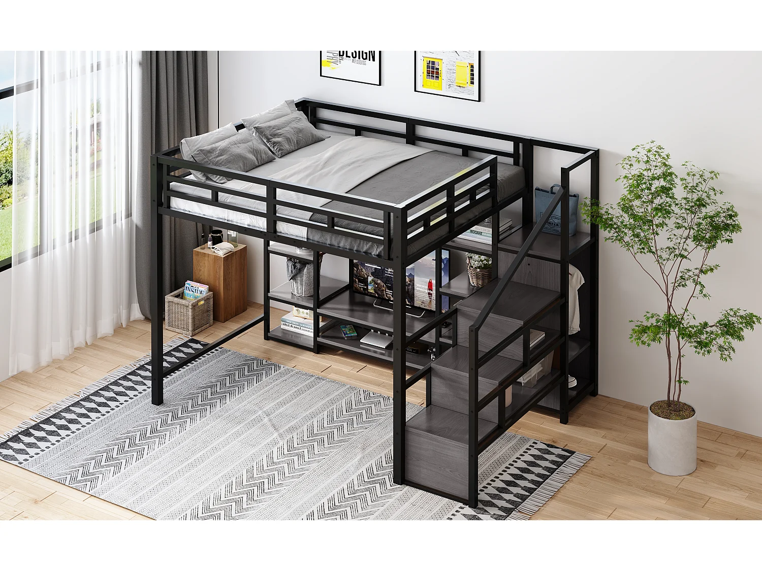 Lit mezzanine enfant - 140 x 200 cm - avec meuble TV + prise + échelle de sécurité + étagère de rangement - métal - noir