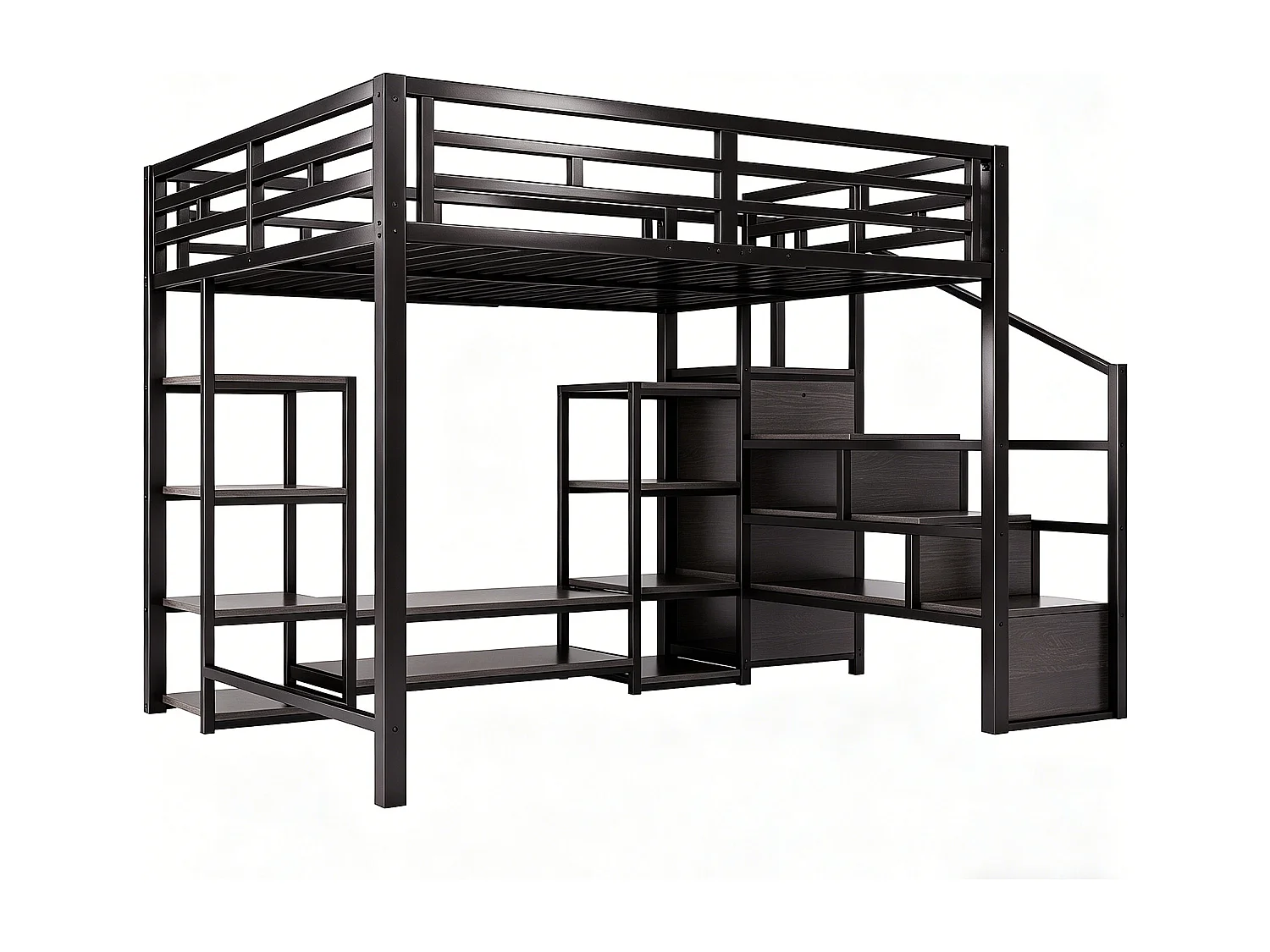 Lit mezzanine enfant - 140 x 200 cm - avec meuble TV + prise + échelle de sécurité + étagère de rangement - métal - noir