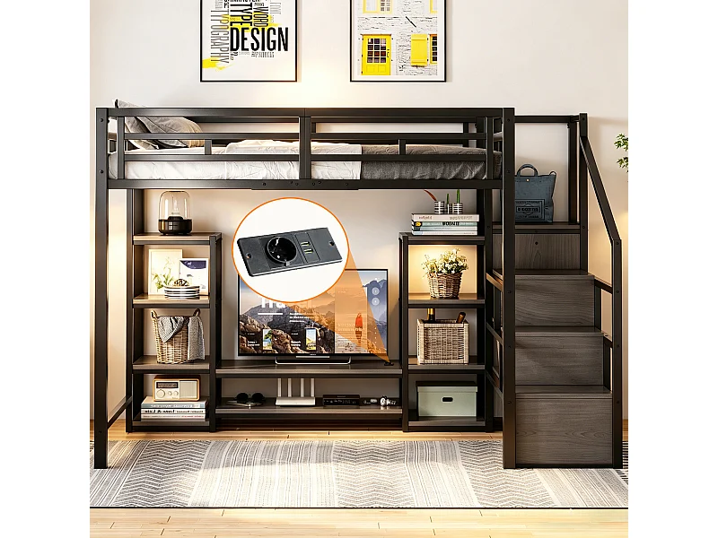 Kinderhoogslaper - 140 x 200 cm - met tv-meubel + stopcontact + veiligheidsladder + opbergplank - metaal - zwart