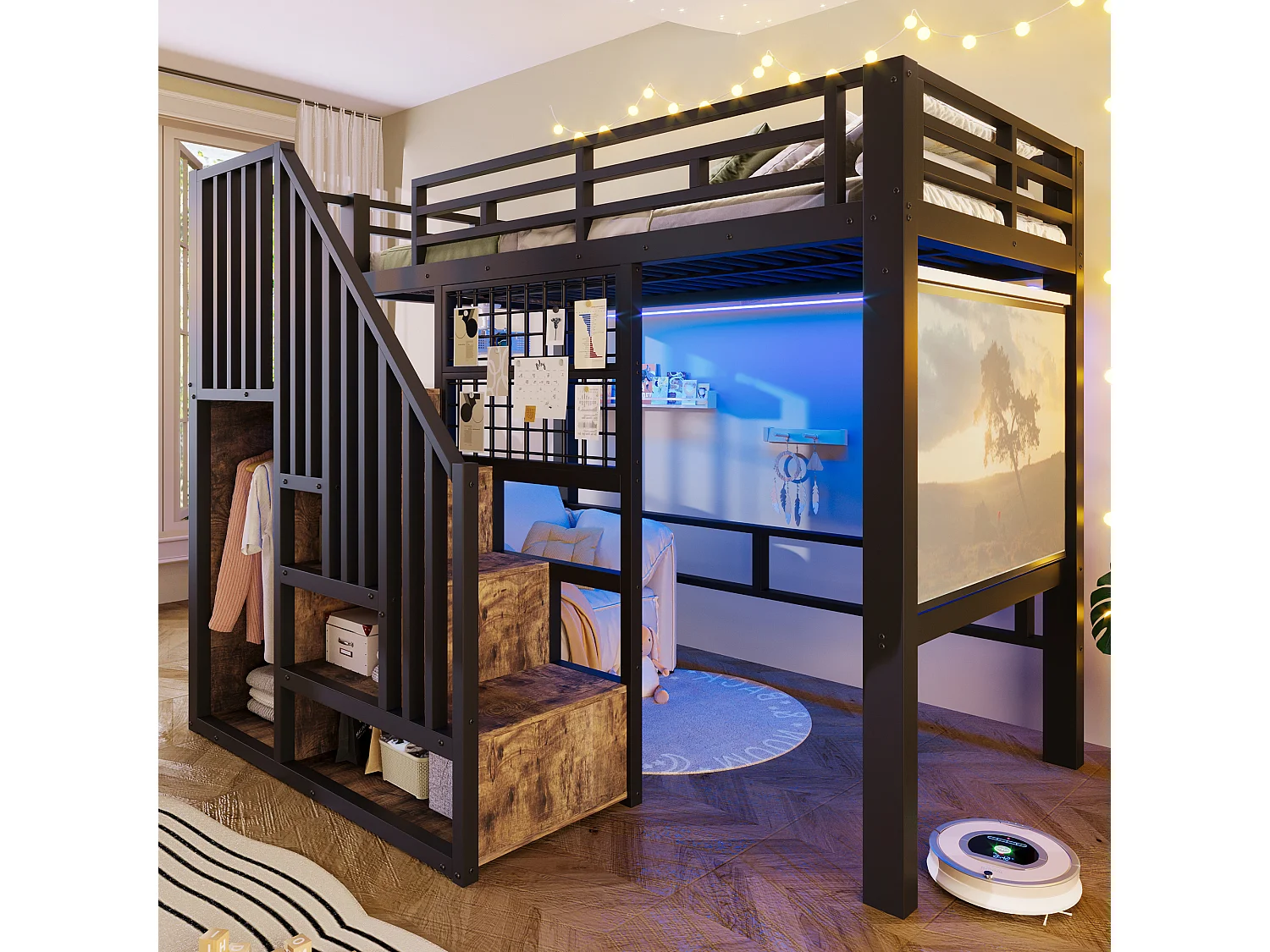 Lit mezzanine en fer - 90 x 200 cm - avec escalier de rangement + penderie + Leds - MDF + métal - noir