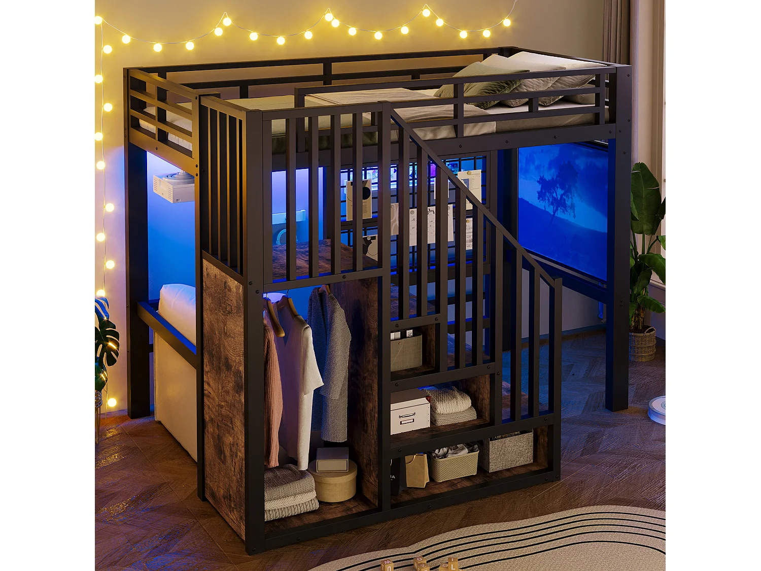 Lit mezzanine en fer - 90 x 200 cm - avec escalier de rangement + penderie + Leds - MDF + métal - noir