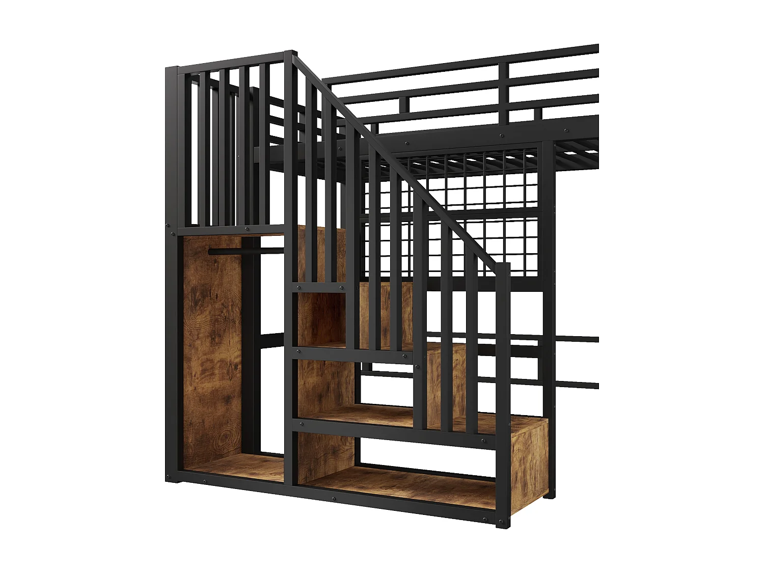 Lit mezzanine en fer - 90 x 200 cm - avec escalier de rangement + penderie + Leds - MDF + métal - noir