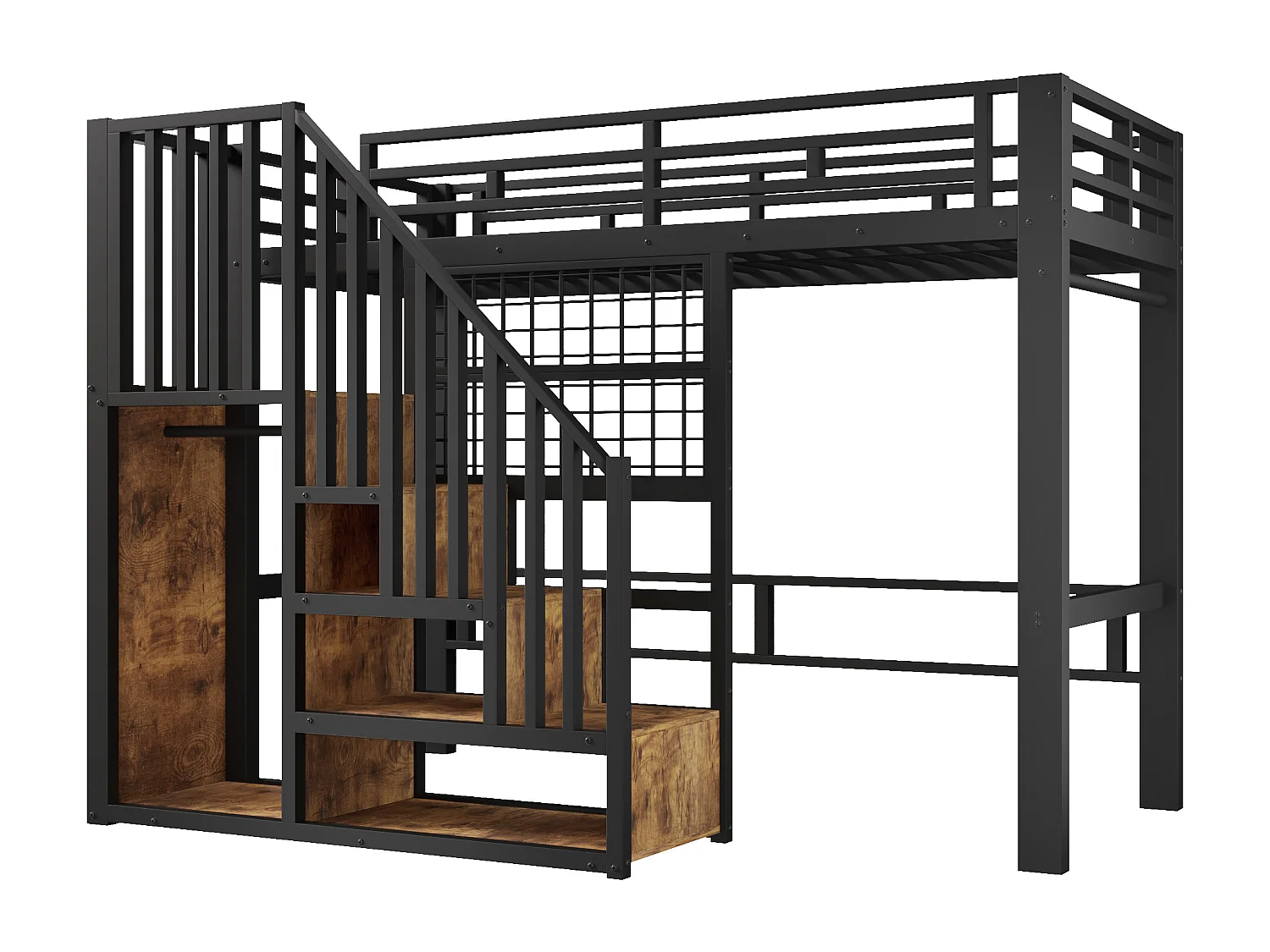 Lit mezzanine en fer - 90 x 200 cm - avec escalier de rangement + penderie + Leds - MDF + métal - noir