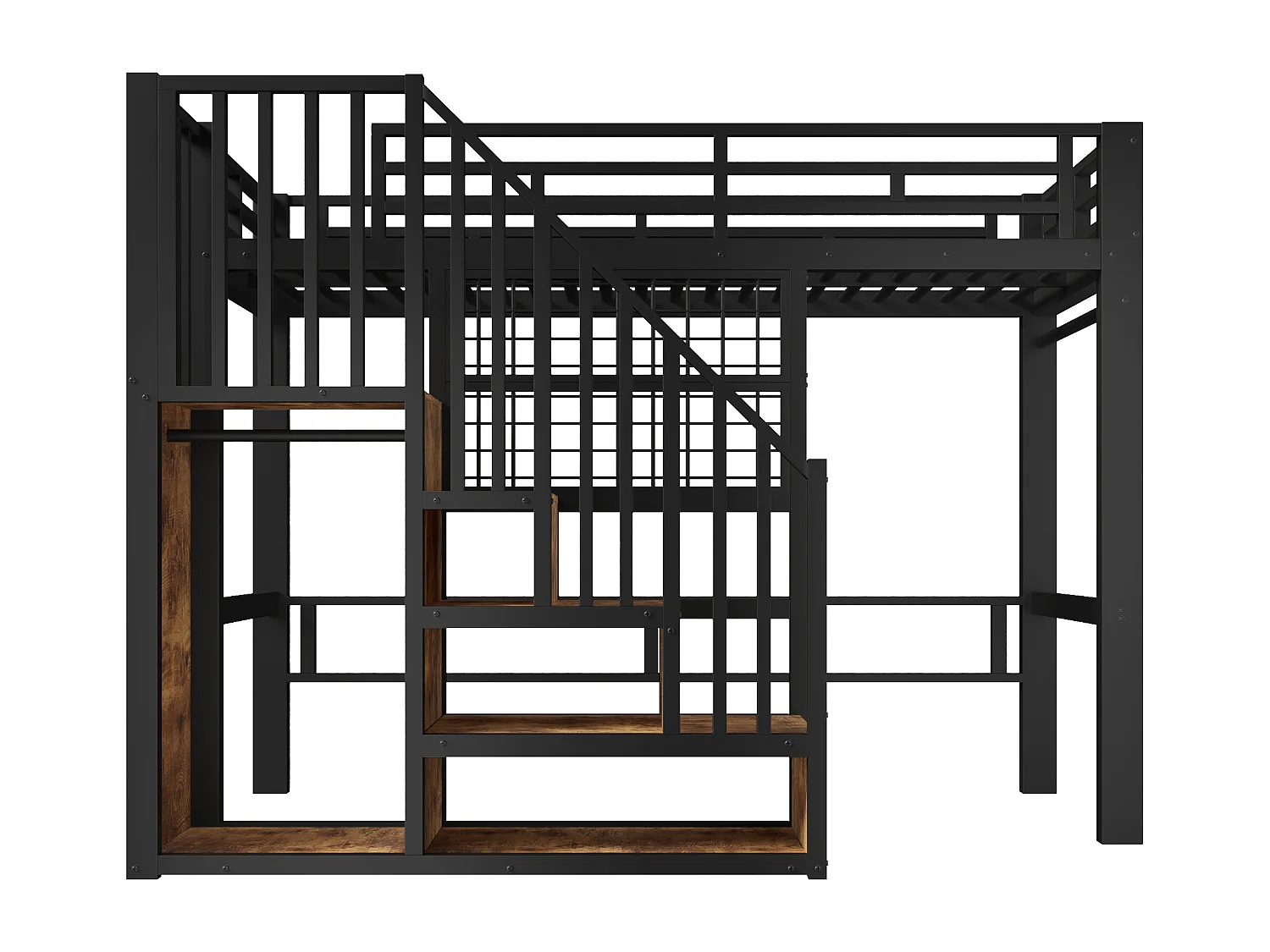 Lit mezzanine en fer - 90 x 200 cm - avec escalier de rangement + penderie + Leds - MDF + métal - noir