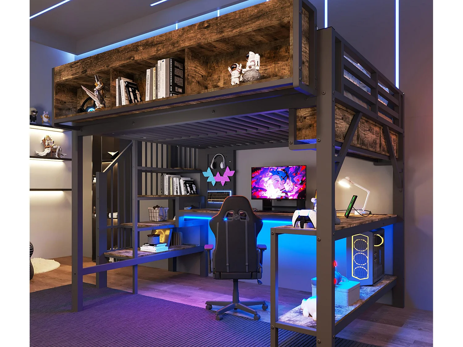 Lit mezzanine 140 x 200 cm - avec prise USB et lumière LED - avec bureau d'angle et espace de rangement - Noir (matelas non inclus)