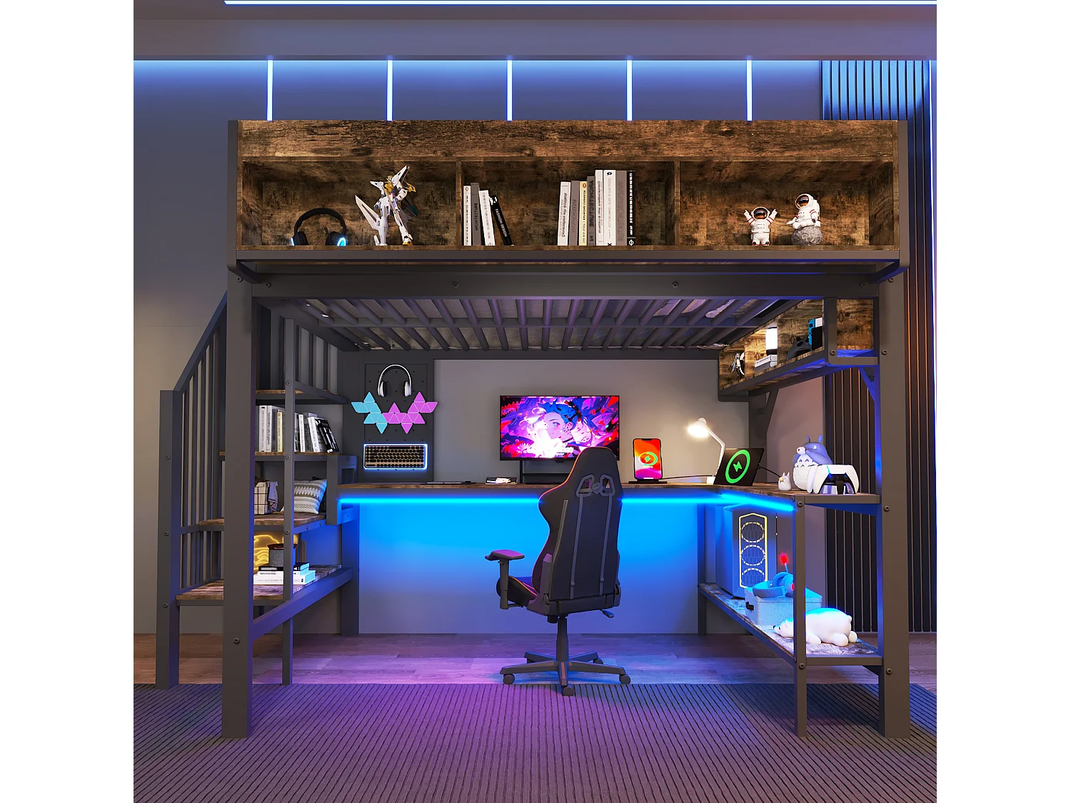 Lit mezzanine 140 x 200 cm - avec prise USB et lumière LED - avec bureau d'angle et espace de rangement - Noir (matelas non inclus)