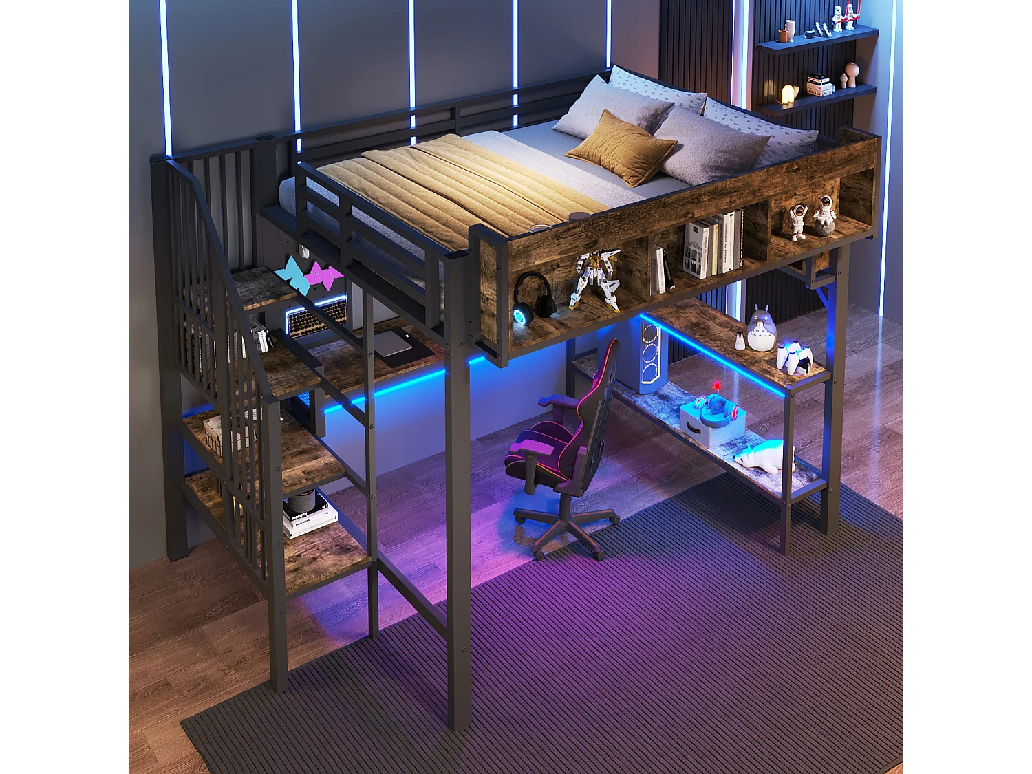 Lit mezzanine 140 x 200 cm - avec prise USB et lumière LED - avec bureau d'angle et espace de rangement - Noir (matelas non inclus)