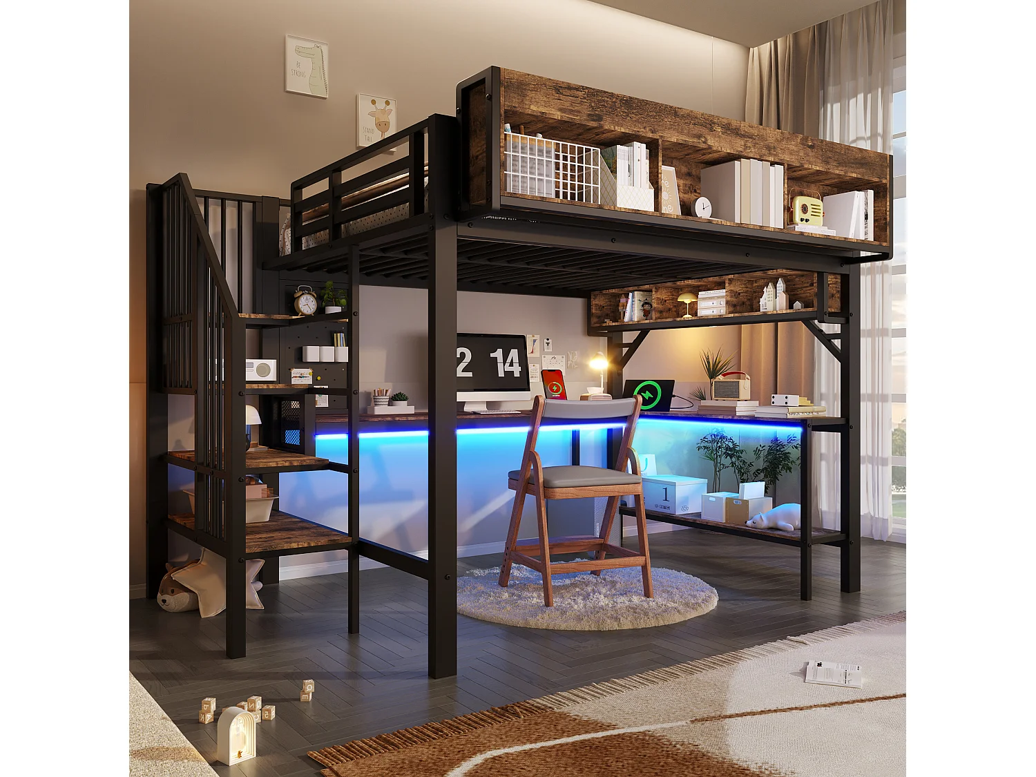 Lit mezzanine 140 x 200 cm - avec prise USB et lumière LED - avec bureau d'angle et espace de rangement - Noir (matelas non inclus)