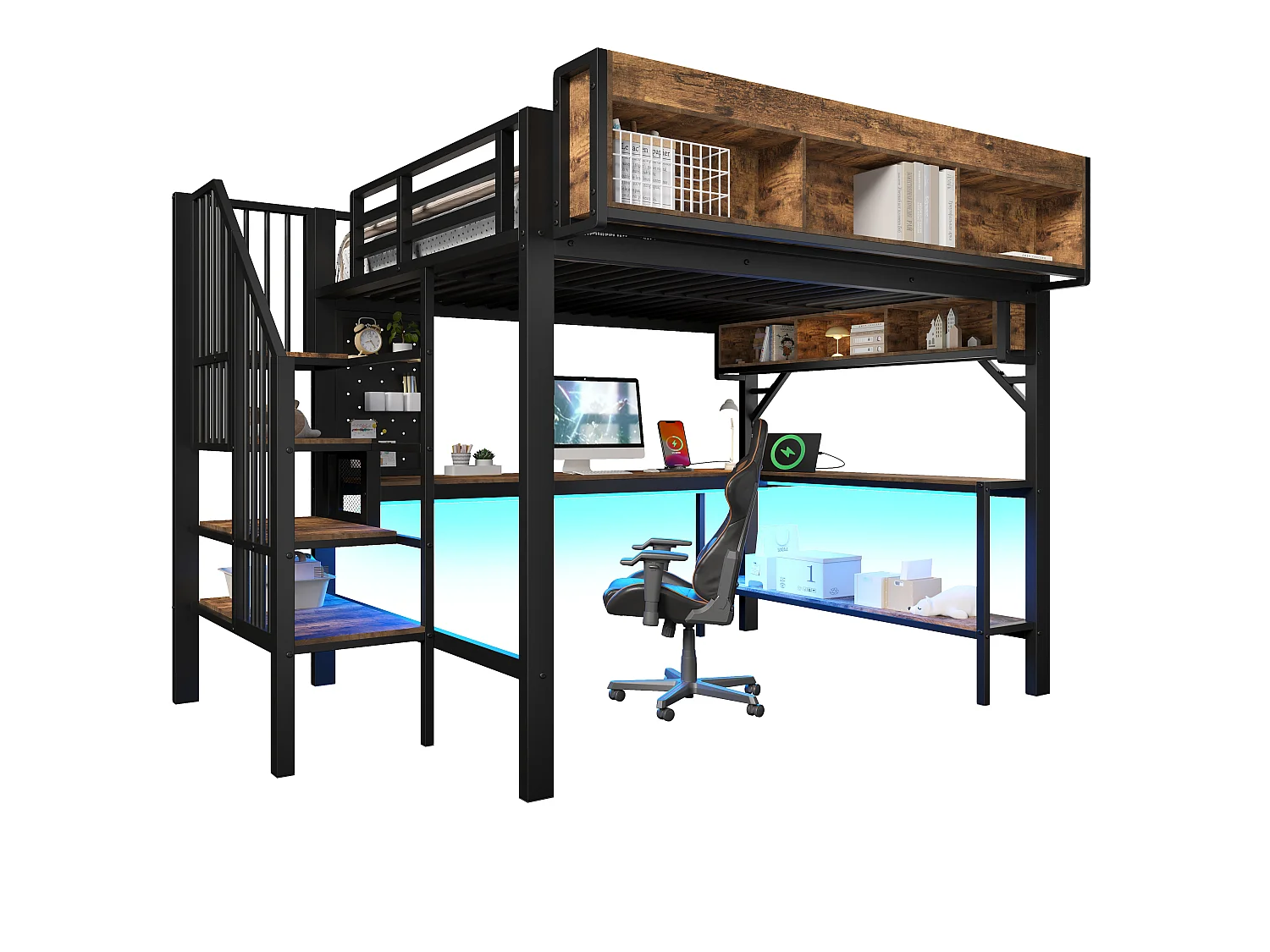 Lit mezzanine 140 x 200 cm - avec prise USB et lumière LED - avec bureau d'angle et espace de rangement - Noir (matelas non inclus)