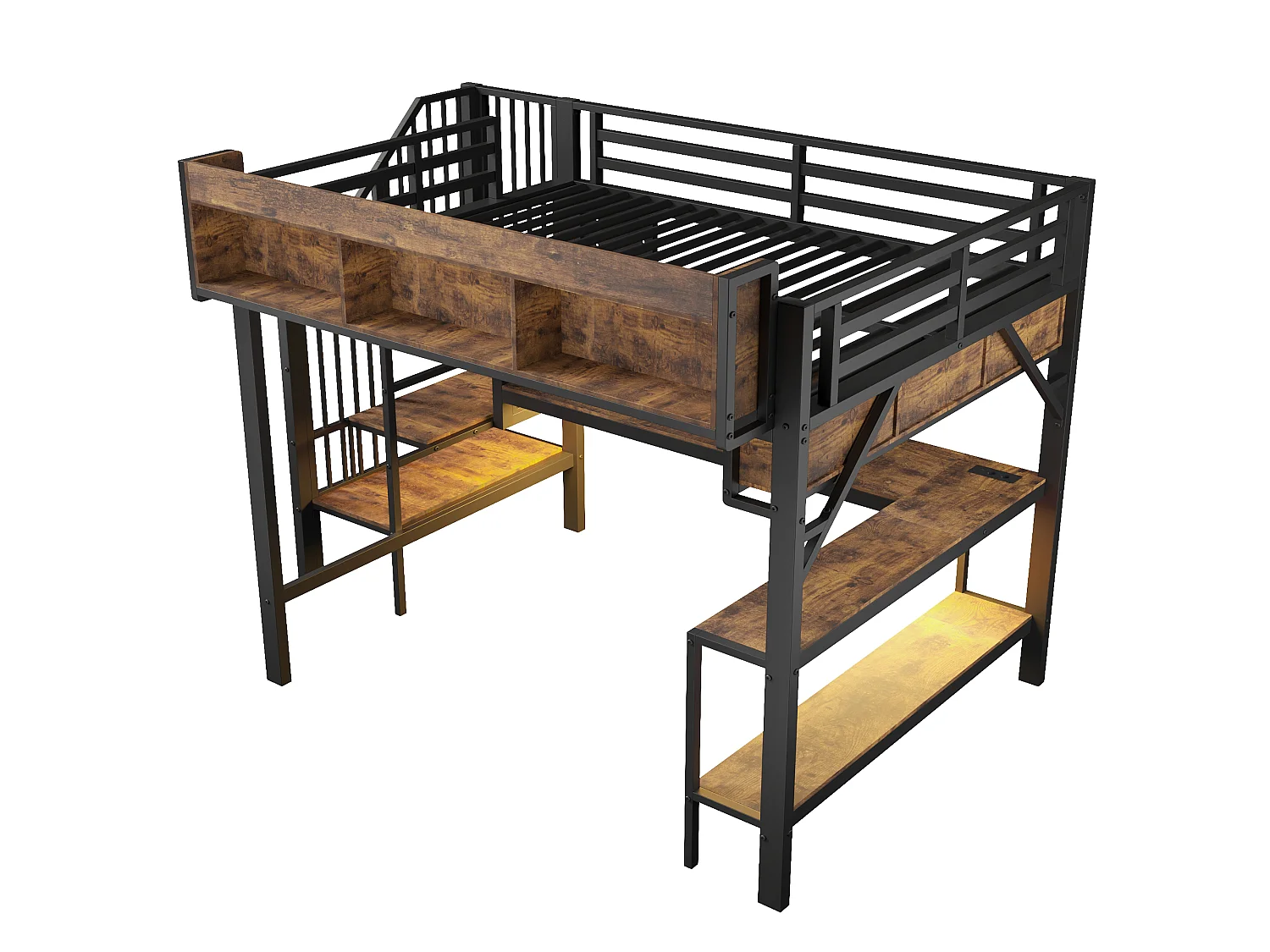 Lit mezzanine 140 x 200 cm - avec prise USB et lumière LED - avec bureau d'angle et espace de rangement - Noir (matelas non inclus)