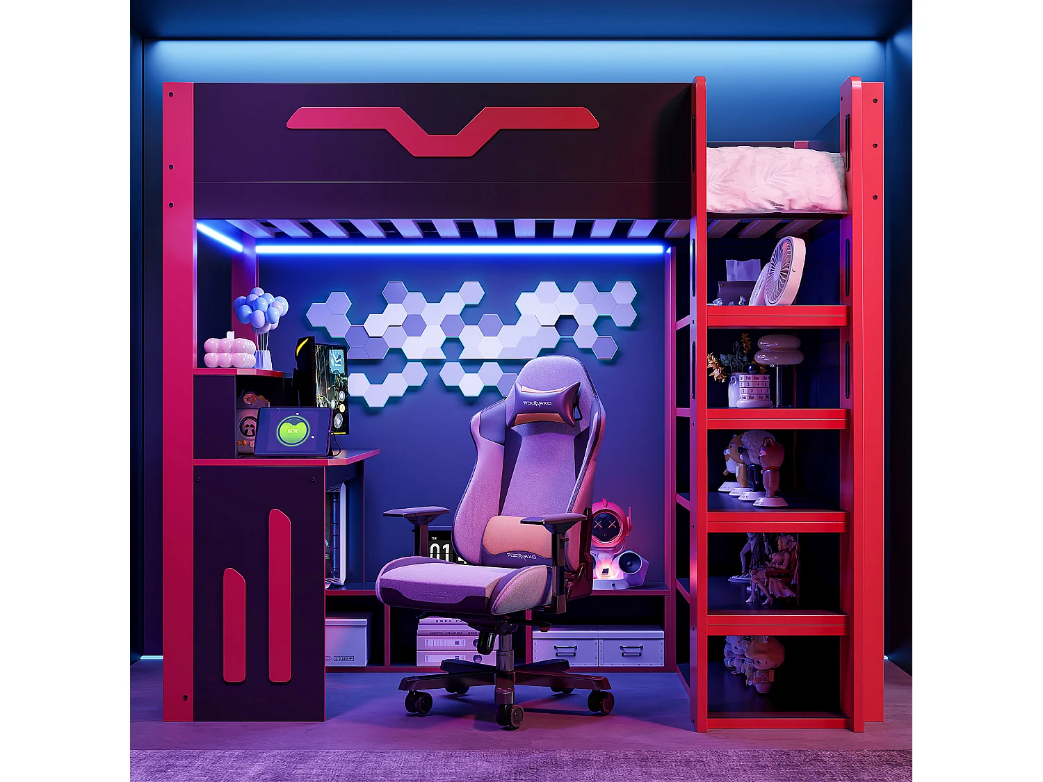 Lit mezzanine en bois 90x200 cm - Avec bureau et étagères - Éclairage LED et échelle de rangement - Noir et rouge (sans matelas)