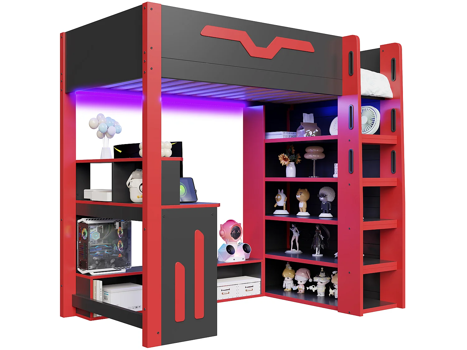 Lit mezzanine en bois 90x200 cm - Avec bureau et étagères - Éclairage LED et échelle de rangement - Noir et rouge (sans matelas)