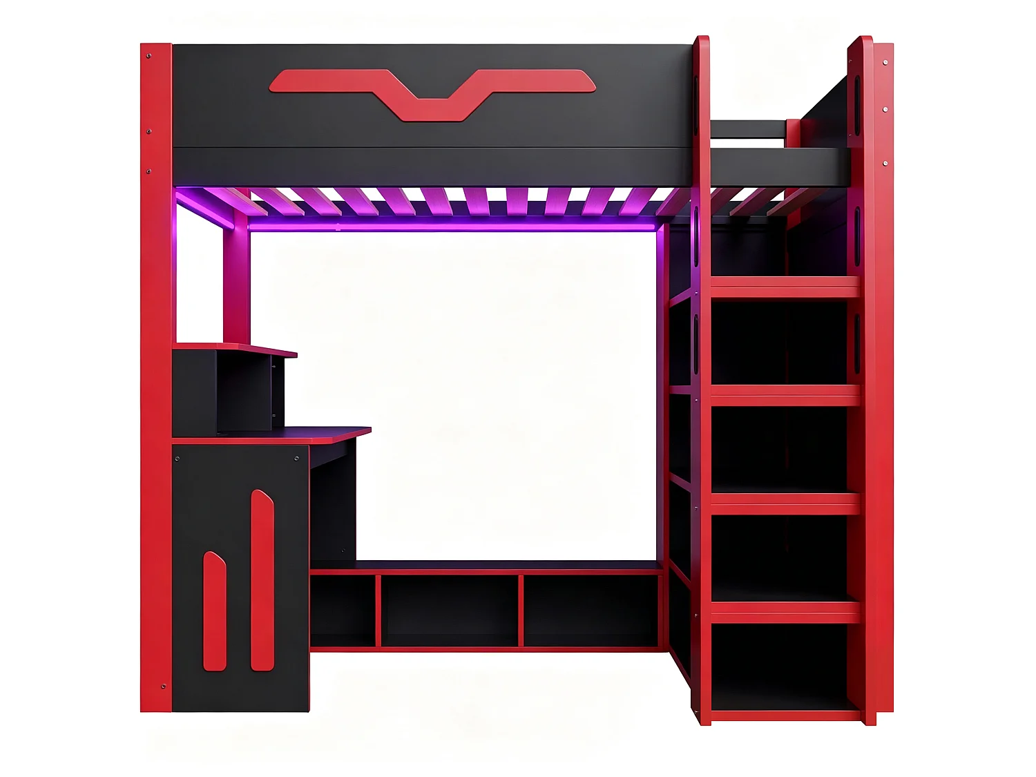 Lit mezzanine en bois 90x200 cm - Avec bureau et étagères - Éclairage LED et échelle de rangement - Noir et rouge (sans matelas)