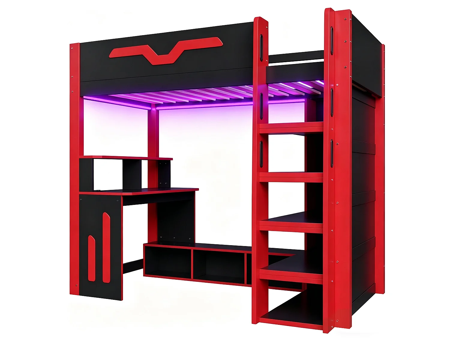 Lit mezzanine en bois 90x200 cm - Avec bureau et étagères - Éclairage LED et échelle de rangement - Noir et rouge (sans matelas)