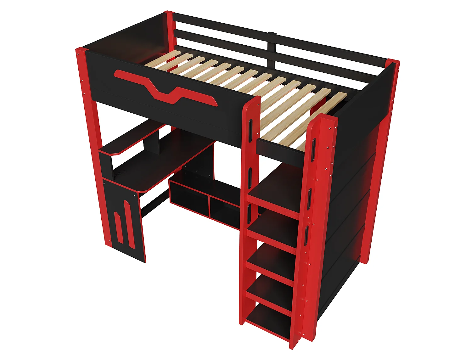Lit mezzanine en bois 90x200 cm - Avec bureau et étagères - Éclairage LED et échelle de rangement - Noir et rouge (sans matelas)