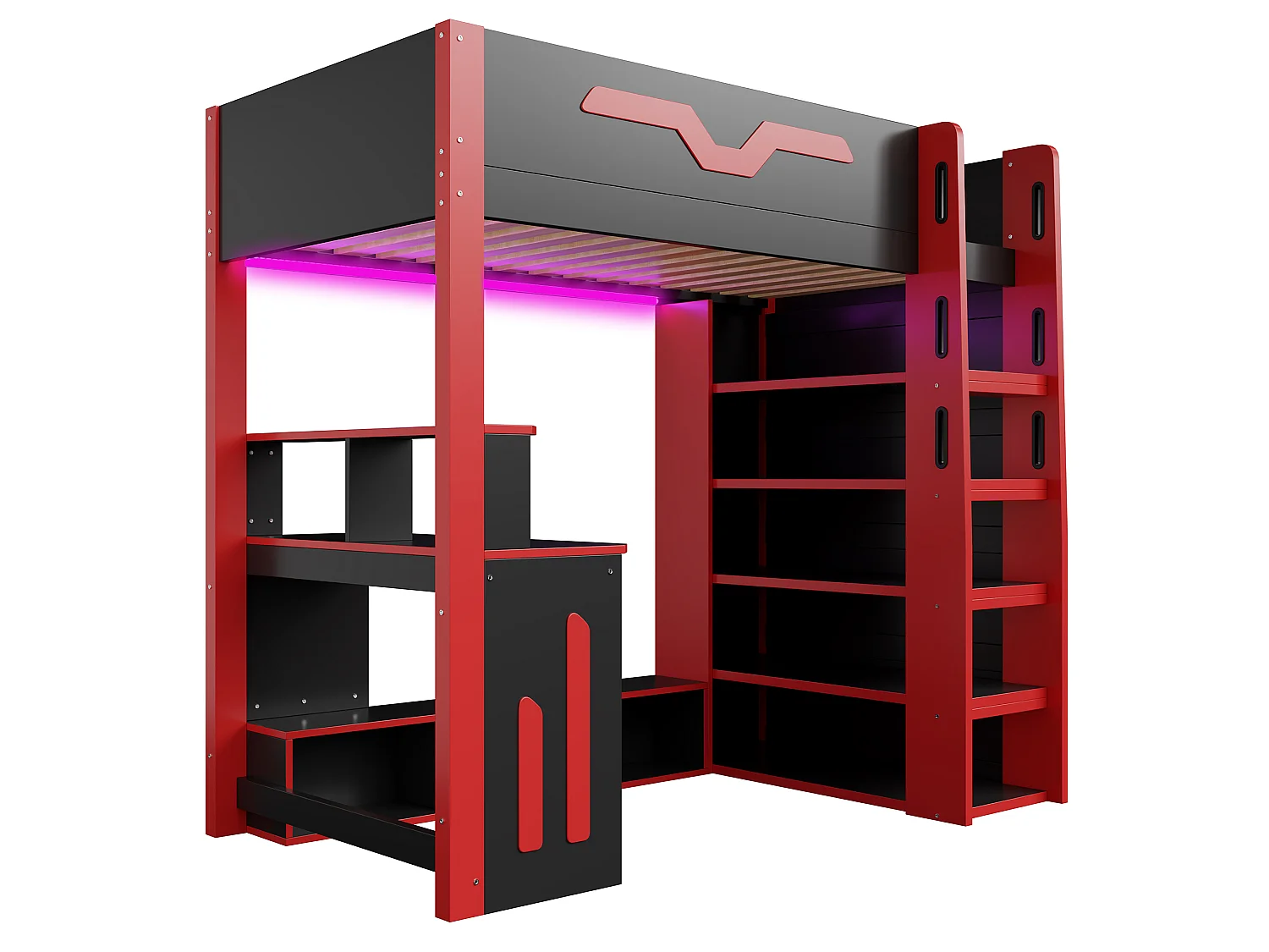 Lit mezzanine en bois 90x200 cm - Avec bureau et étagères - Éclairage LED et échelle de rangement - Noir et rouge (sans matelas)