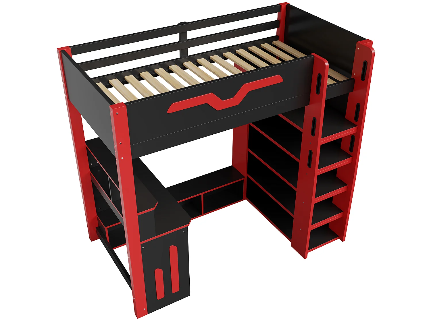 Lit mezzanine en bois 90x200 cm - Avec bureau et étagères - Éclairage LED et échelle de rangement - Noir et rouge (sans matelas)