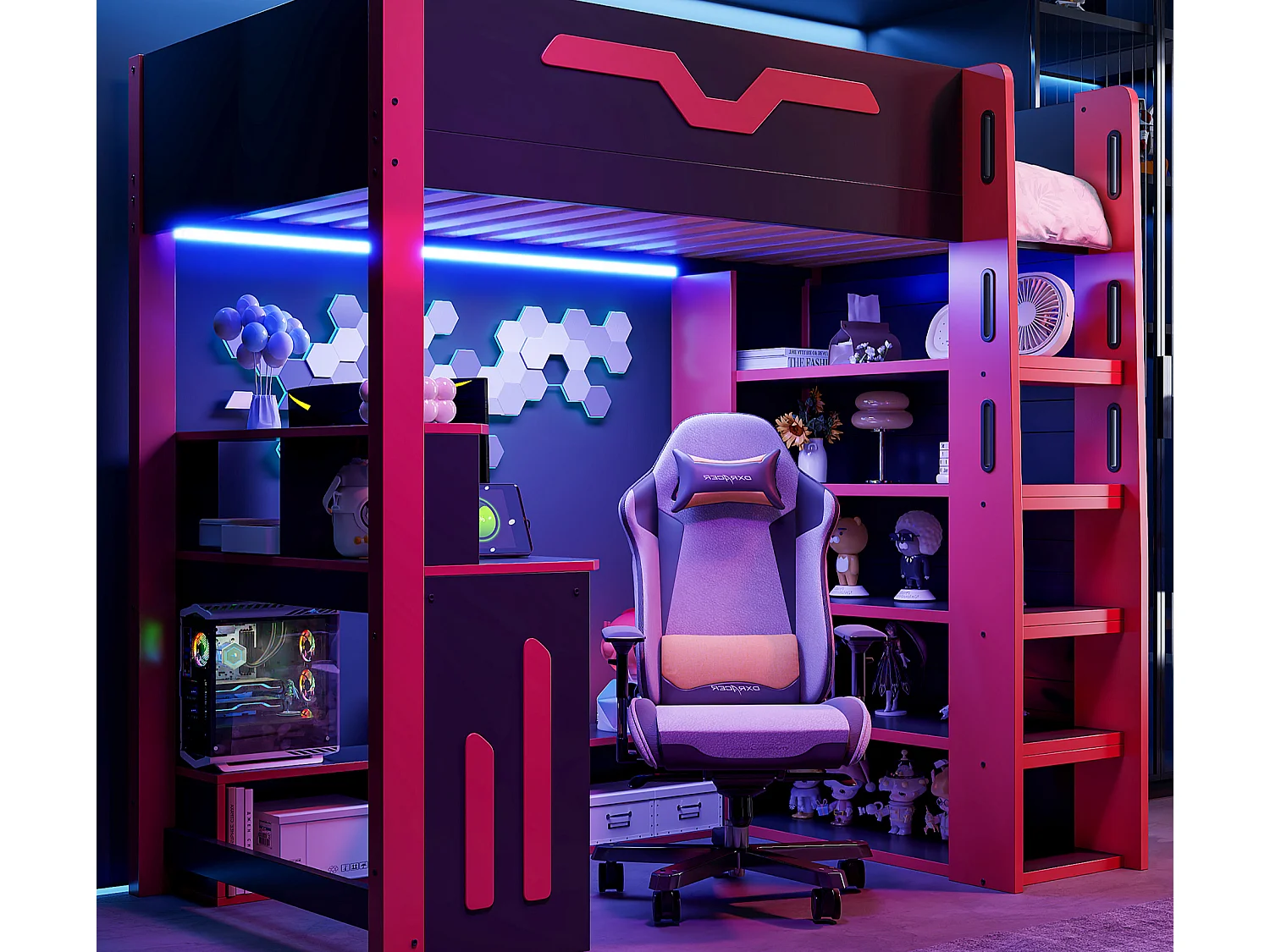 Lit mezzanine en bois 90x200 cm - Avec bureau et étagères - Éclairage LED et échelle de rangement - Noir et rouge (sans matelas)