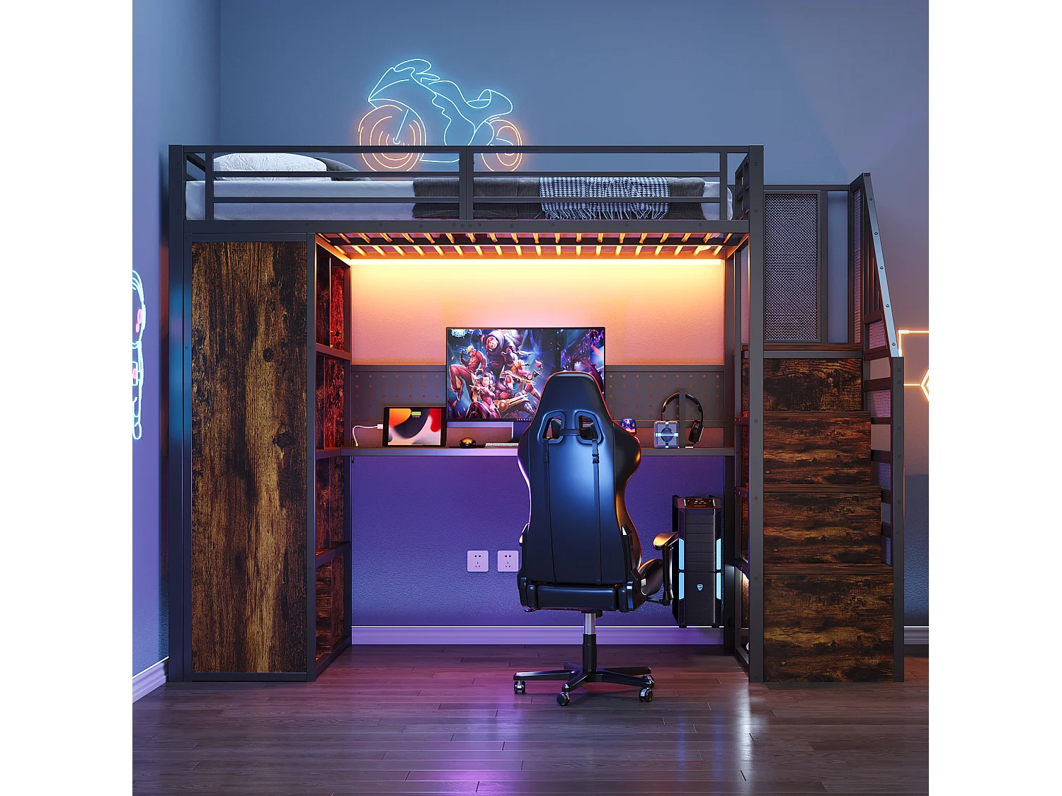 Lit mezzanine en métal 90 x 200 cm avec rangement, bureau, prises et LED - Noir et bois foncé