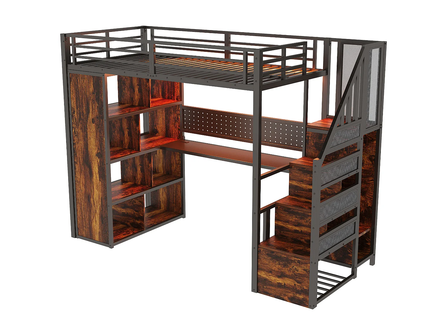 Lit mezzanine en métal 90 x 200 cm avec rangement, bureau, prises et LED - Noir et bois foncé