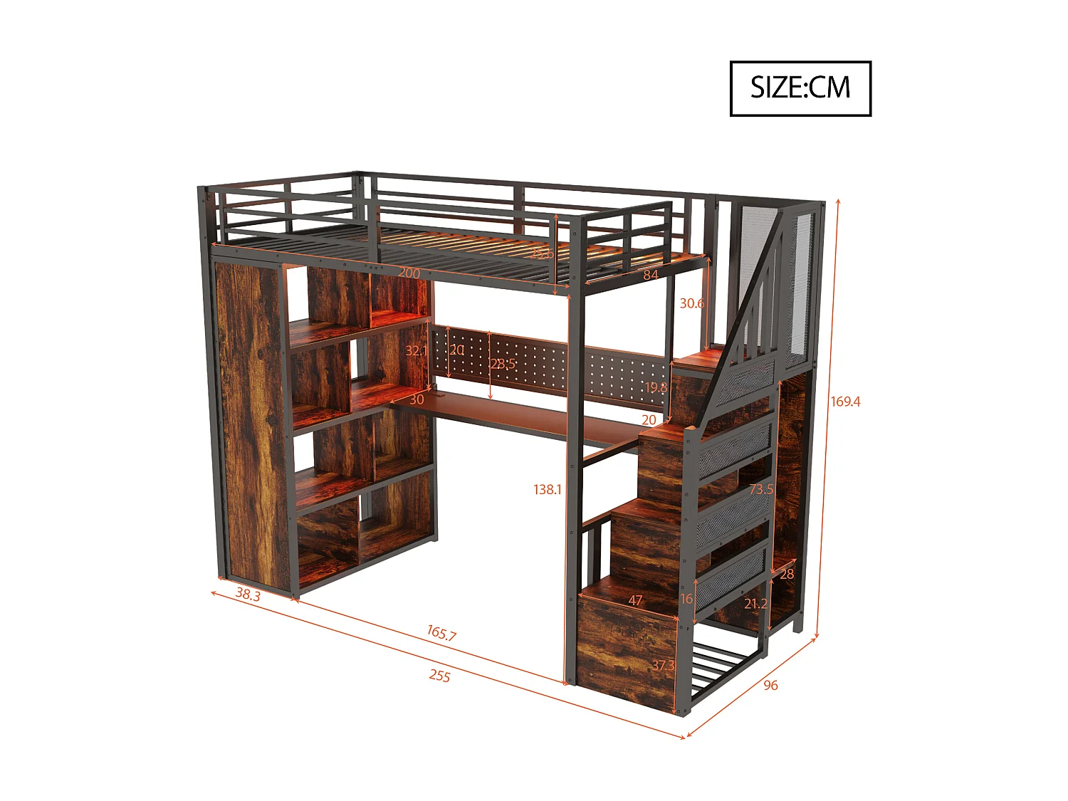 Lit mezzanine en métal 90 x 200 cm avec rangement, bureau, prises et LED - Noir et bois foncé