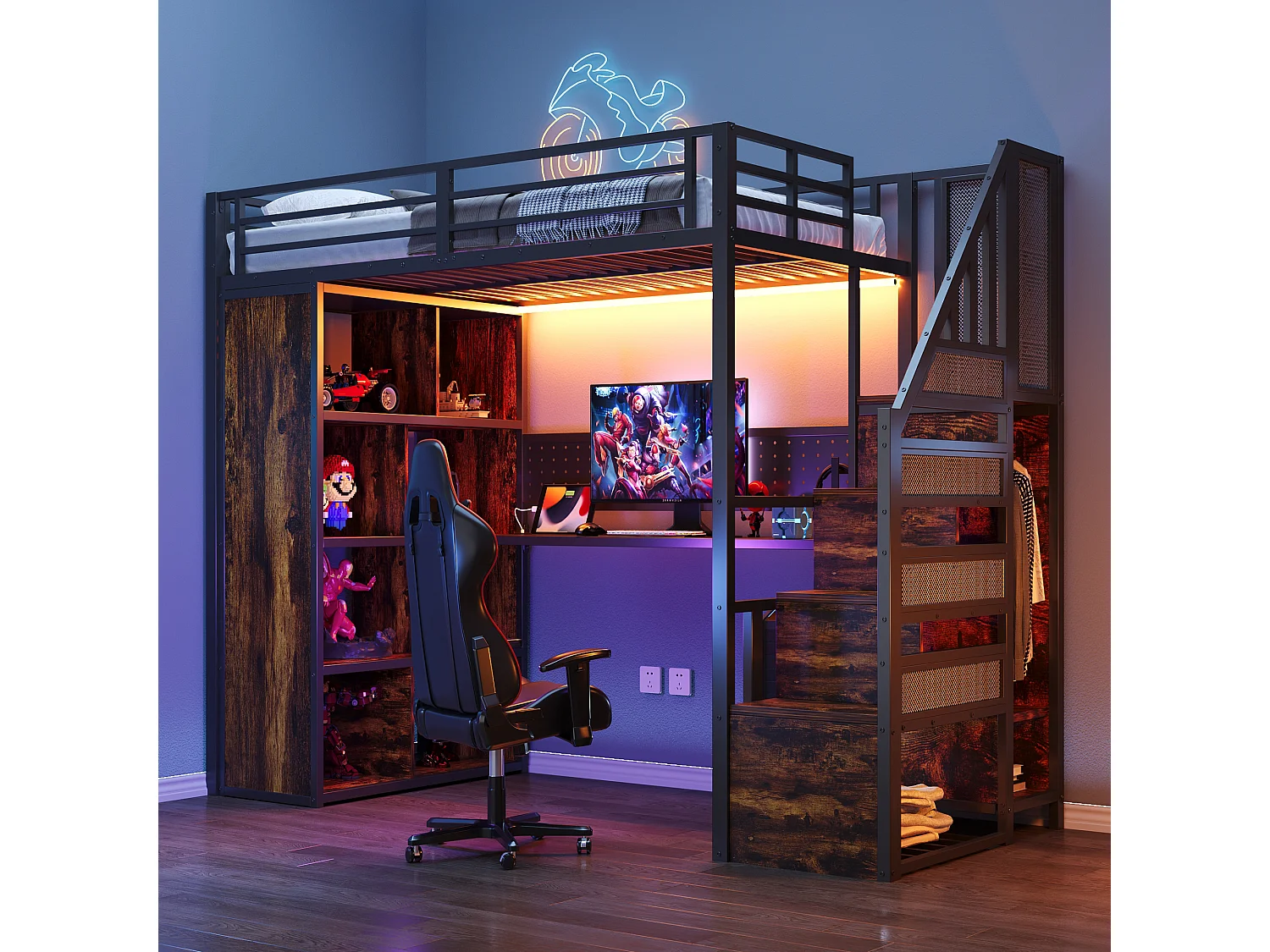 Lit mezzanine en métal 90 x 200 cm avec rangement, bureau, prises et LED - Noir et bois foncé