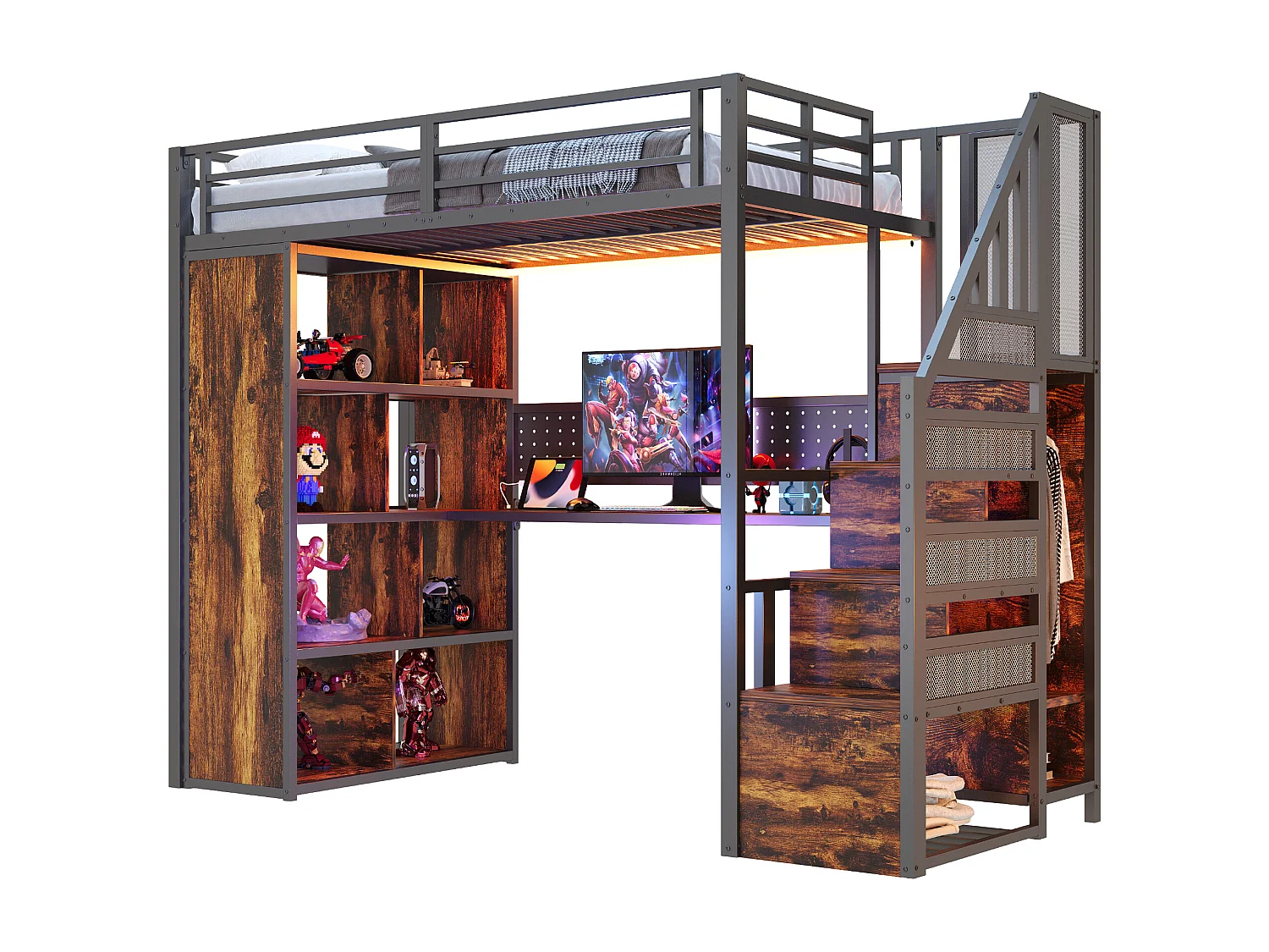 Lit mezzanine en métal 90 x 200 cm avec rangement, bureau, prises et LED - Noir et bois foncé