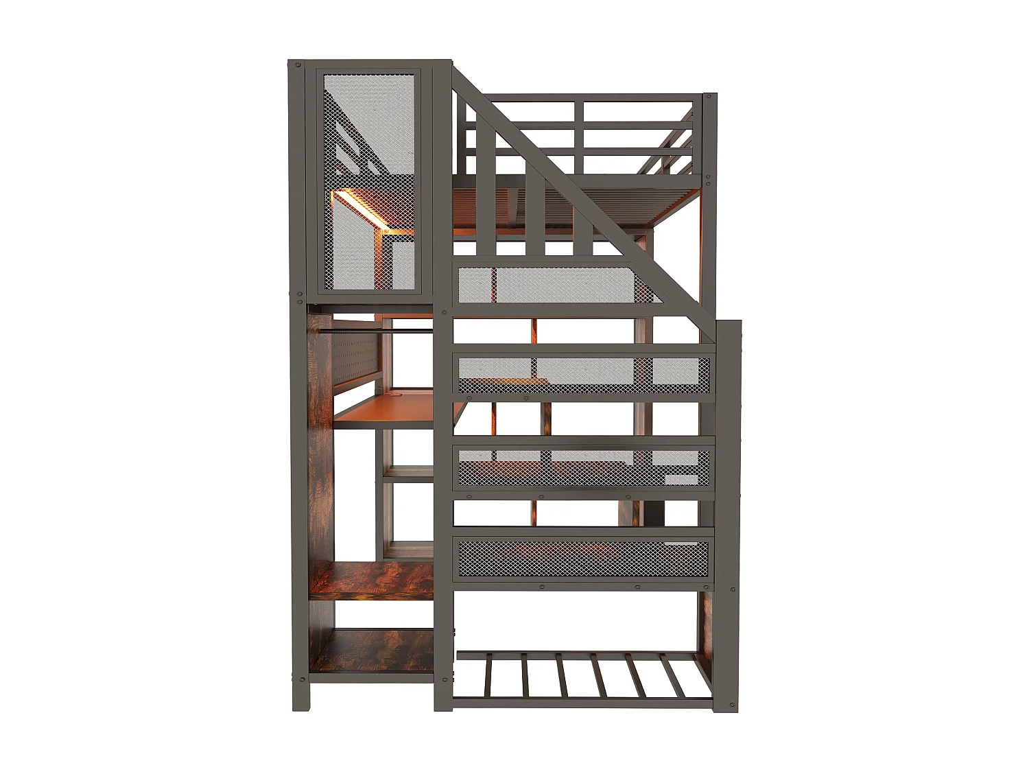 Lit mezzanine en métal 90 x 200 cm avec rangement, bureau, prises et LED - Noir et bois foncé