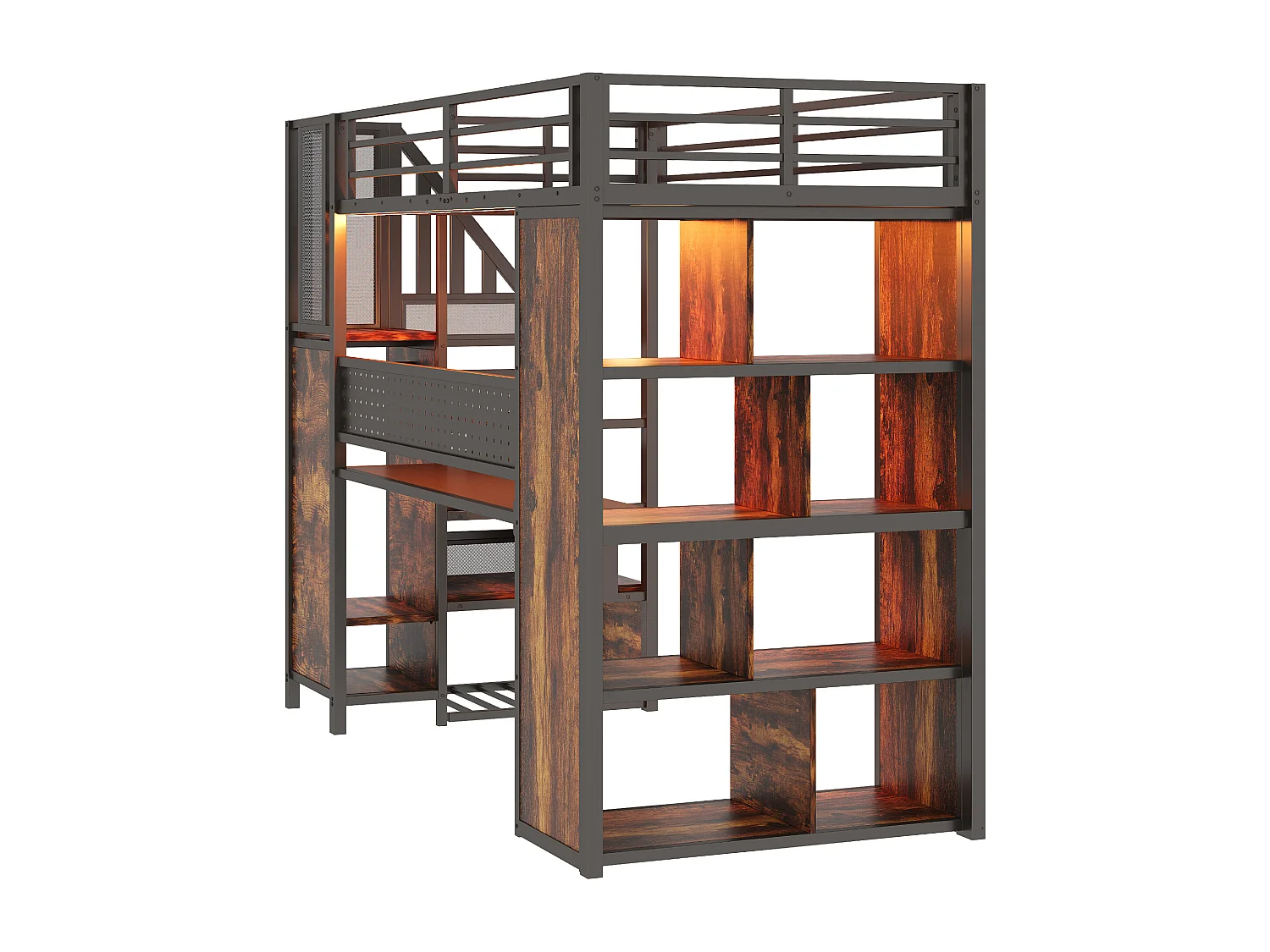 Lit mezzanine en métal 90 x 200 cm avec rangement, bureau, prises et LED - Noir et bois foncé