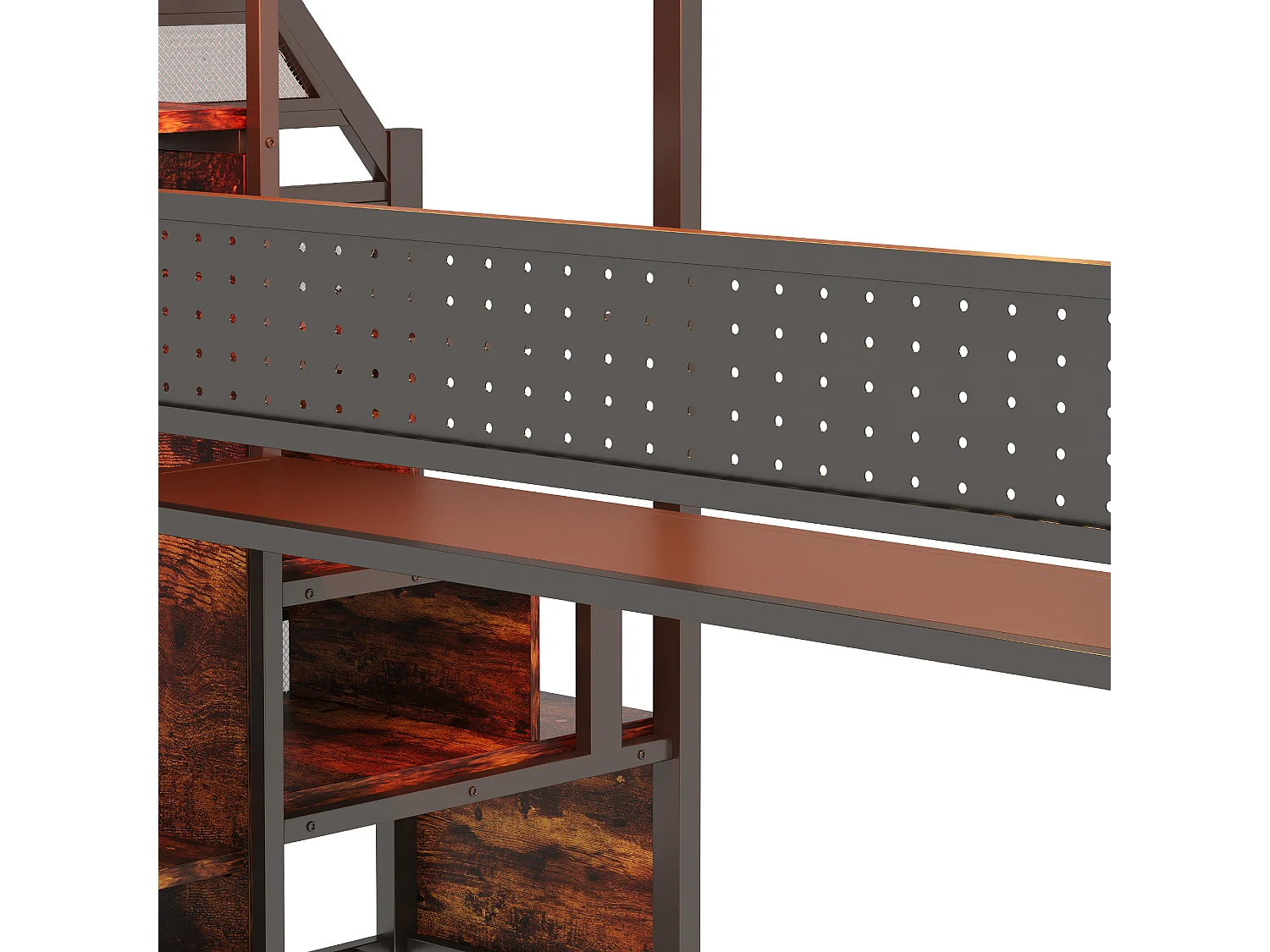 Lit mezzanine en métal 90 x 200 cm avec rangement, bureau, prises et LED - Noir et bois foncé