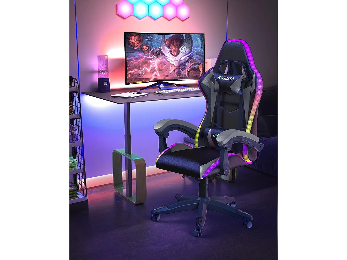 Fauteuil de jeu ergonomique avec effets lumineux LED, dossier réglable en hauteur avec soutien lombaire et appui-tête