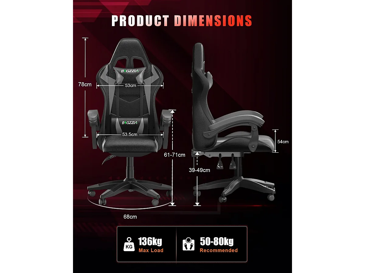 Fauteuil de jeu ergonomique avec effets lumineux LED, dossier réglable en hauteur avec soutien lombaire et appui-tête