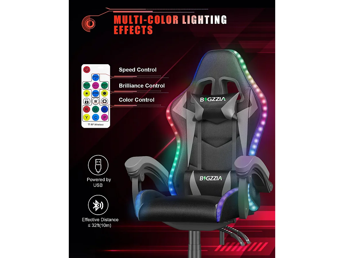 Fauteuil de jeu ergonomique avec effets lumineux LED, dossier réglable en hauteur avec soutien lombaire et appui-tête