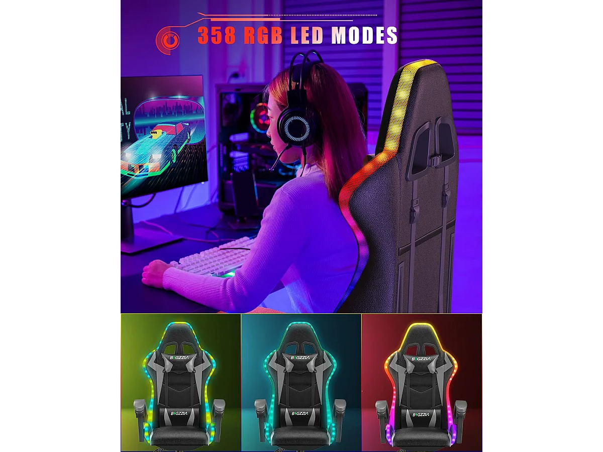 Fauteuil de jeu ergonomique avec effets lumineux LED, dossier réglable en hauteur avec soutien lombaire et appui-tête