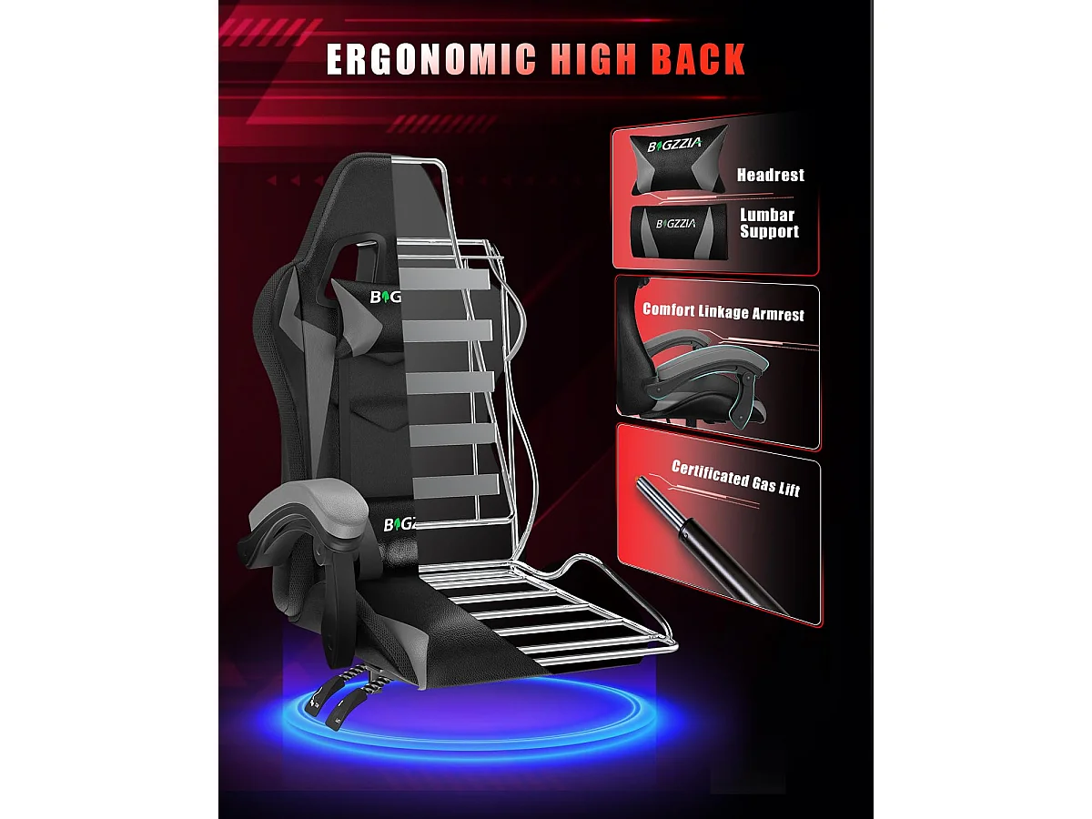 Fauteuil de jeu ergonomique avec effets lumineux LED, dossier réglable en hauteur avec soutien lombaire et appui-tête