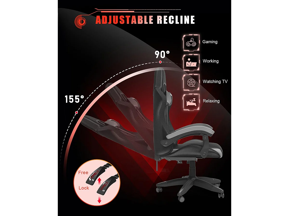 Fauteuil de jeu ergonomique avec effets lumineux LED, dossier réglable en hauteur avec soutien lombaire et appui-tête