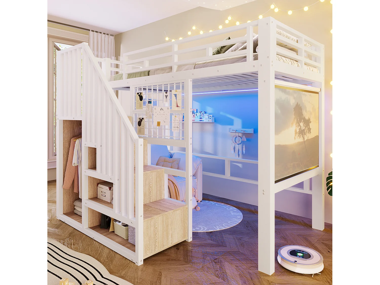 Lit mezzanine en fer - 90 x 200 cm - avec escalier de rangement + penderie + Leds - MDF + métal - blanc