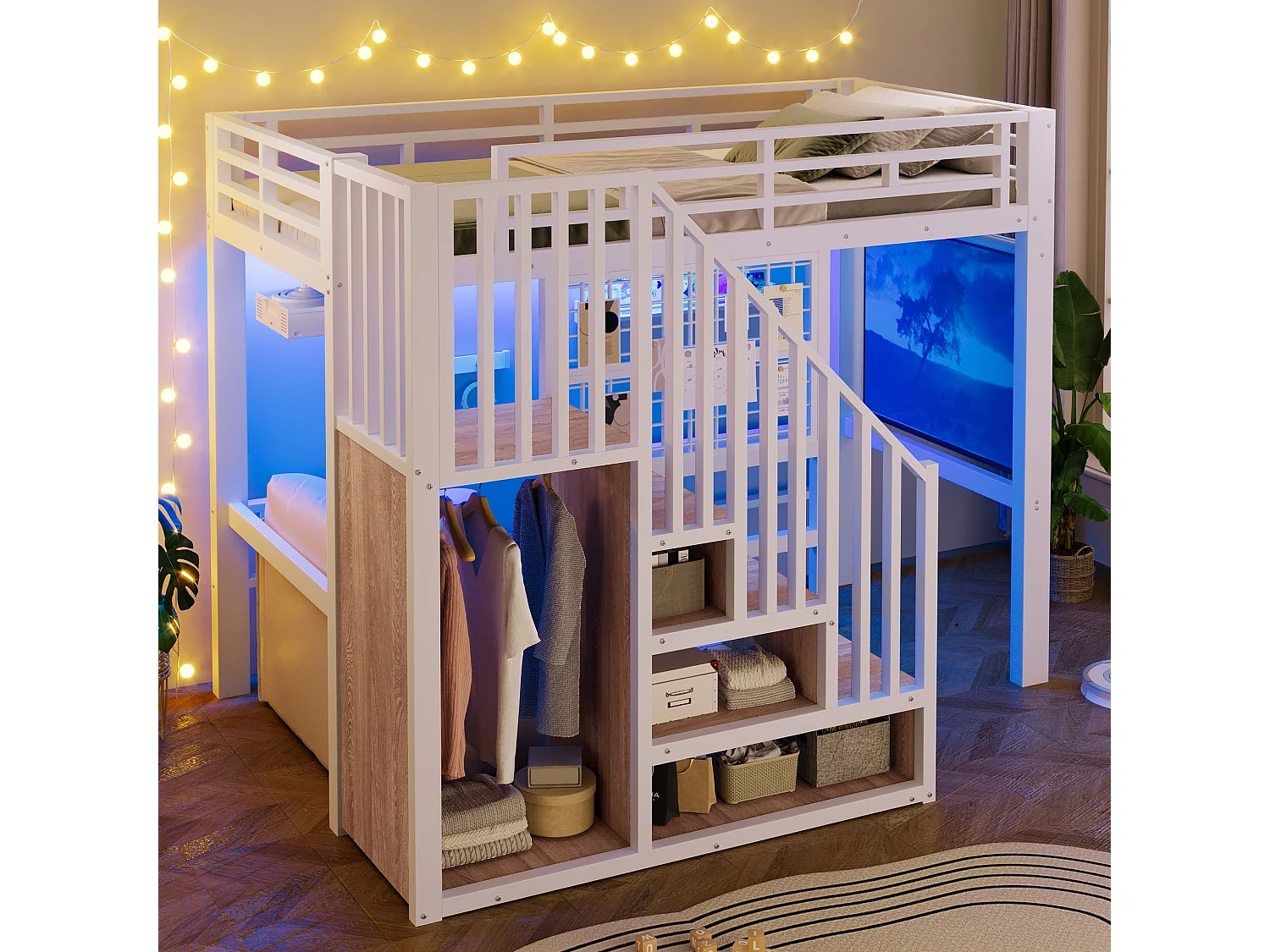 Lit mezzanine en fer - 90 x 200 cm - avec escalier de rangement + penderie + Leds - MDF + métal - blanc