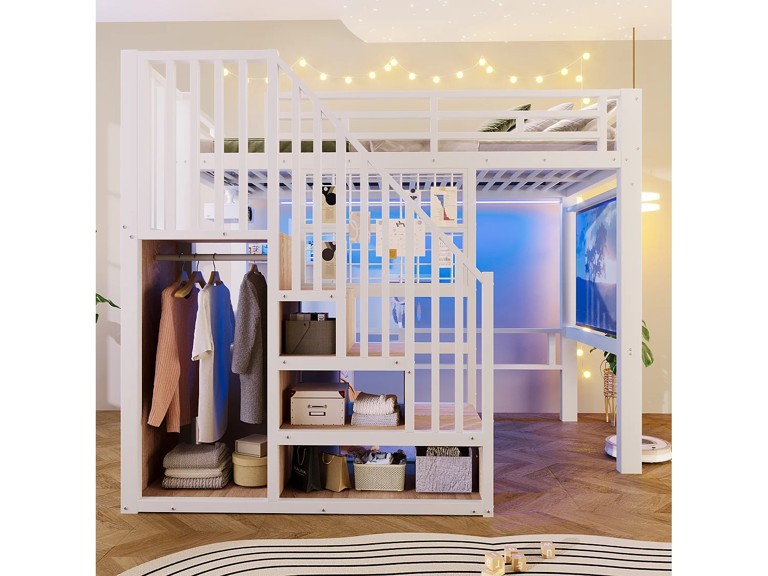 Lit mezzanine en fer - 90 x 200 cm - avec escalier de rangement + penderie + Leds - MDF + métal - blanc