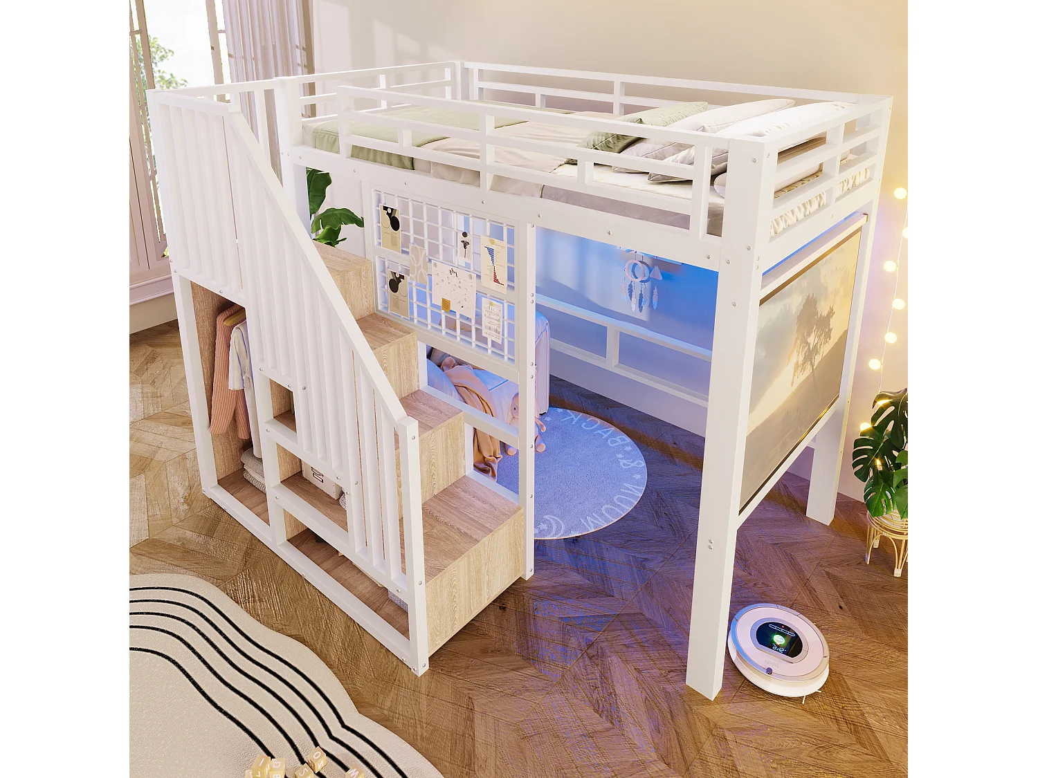 Lit mezzanine en fer - 90 x 200 cm - avec escalier de rangement + penderie + Leds - MDF + métal - blanc