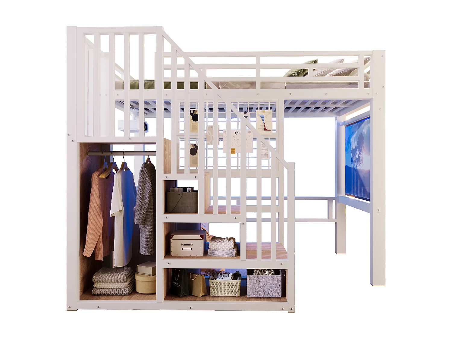 Lit mezzanine en fer - 90 x 200 cm - avec escalier de rangement + penderie + Leds - MDF + métal - blanc