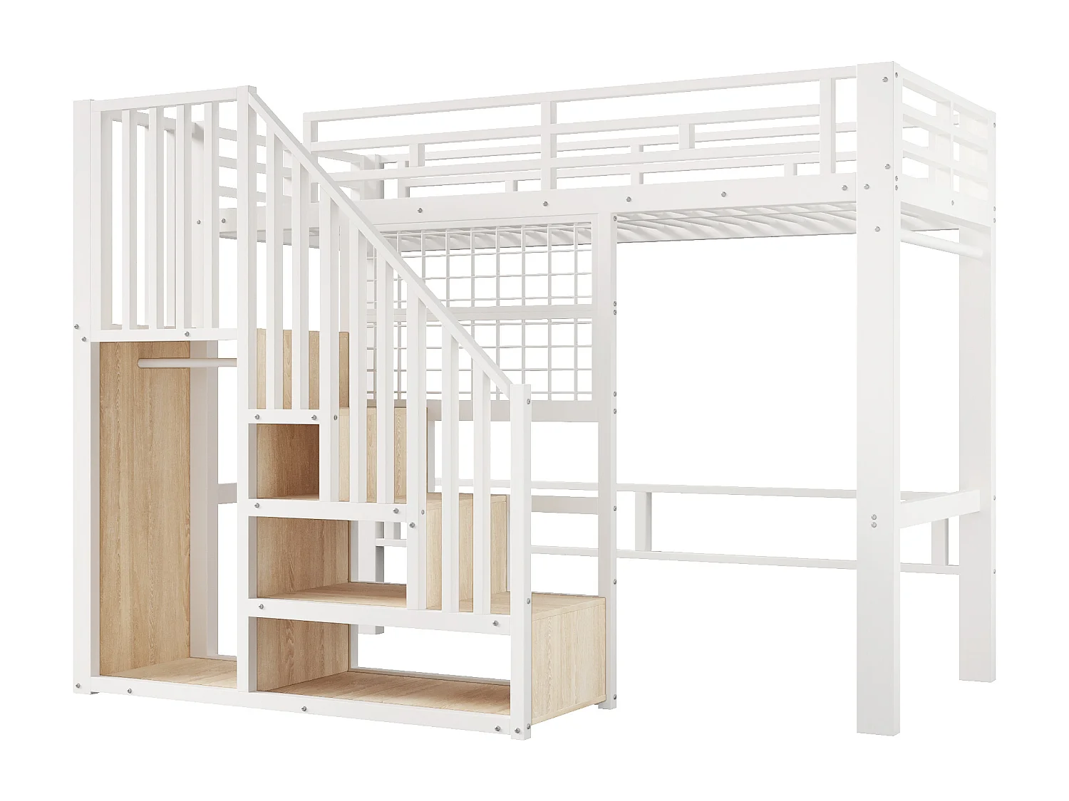 Lit mezzanine en fer - 90 x 200 cm - avec escalier de rangement + penderie + Leds - MDF + métal - blanc