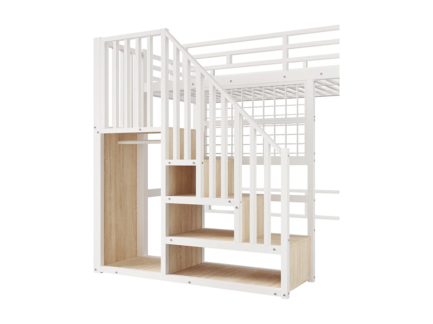 Lit mezzanine en fer - 90 x 200 cm - avec escalier de rangement + penderie + Leds - MDF + métal - blanc