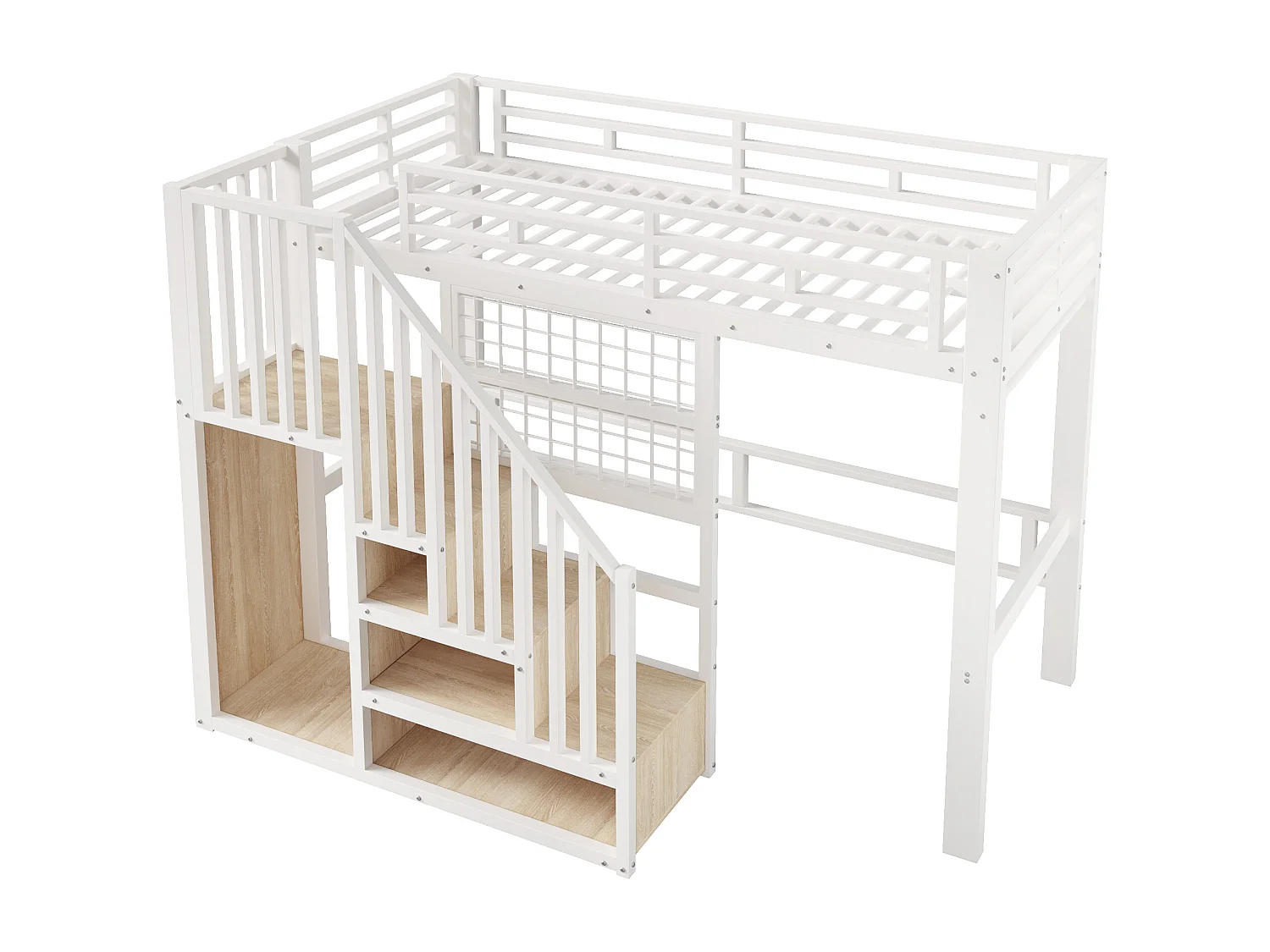 Lit mezzanine en fer - 90 x 200 cm - avec escalier de rangement + penderie + Leds - MDF + métal - blanc