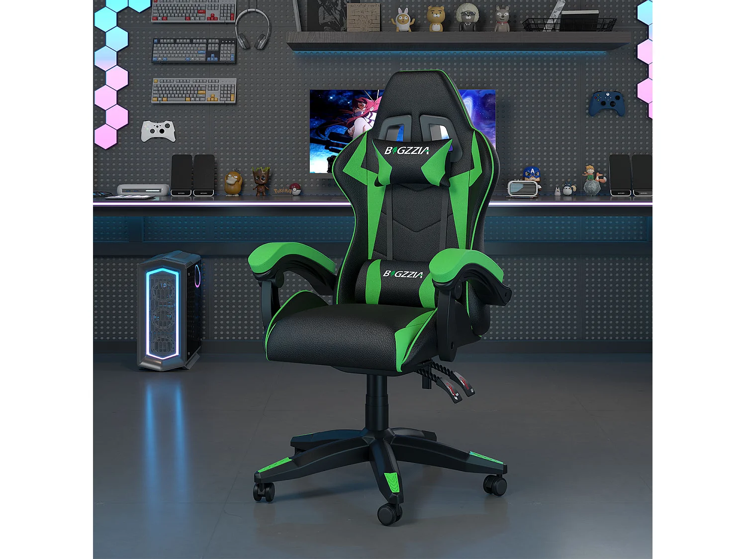 Fauteuil de gaming inclinable à dossier haut en cuir PU, avec appui-tête et soutien lombaire