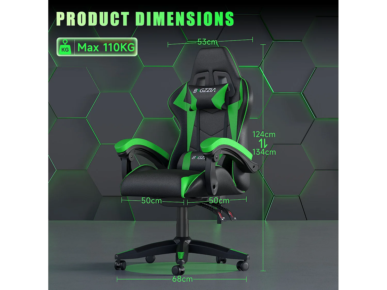 Fauteuil de gaming inclinable à dossier haut en cuir PU, avec appui-tête et soutien lombaire